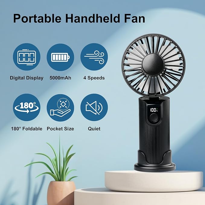 Portable Handheld Fan 5000mAh, Rechargeable Mini Fan with LED Display, 180° Foldable Small Desk Fan, 4 Speeds Quiet Personal Fan for Travel Makeup Office Outdoor - Black - Image 7