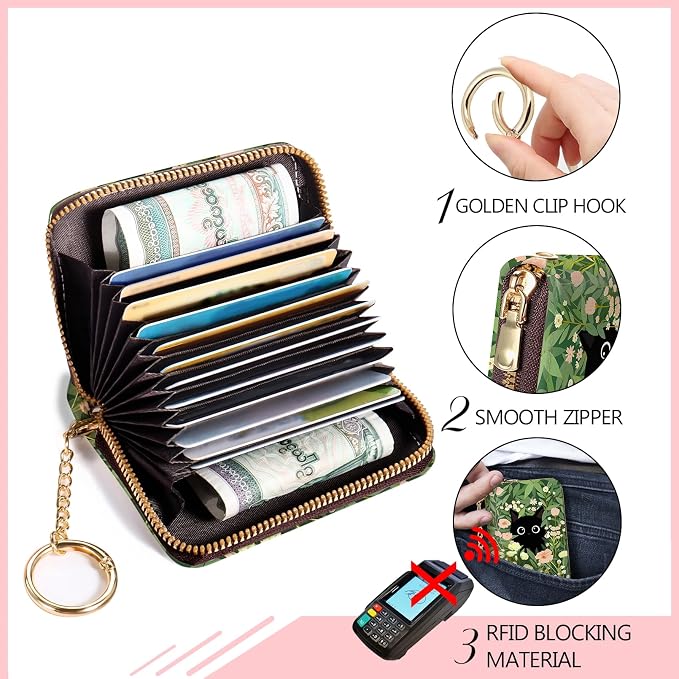 Blusabaca Women's Black Cat Floral RFID Wallet, Waterproof, Leather, 12 Card Slots, 2 Pockets for Coins, 2.5 in x 3.5 in | Removable Keychain, Case with Zipper, Vegan PU Leather, Cash Coin Pocket, Business Accordion Purse, Ladies Female Gift - Image 4