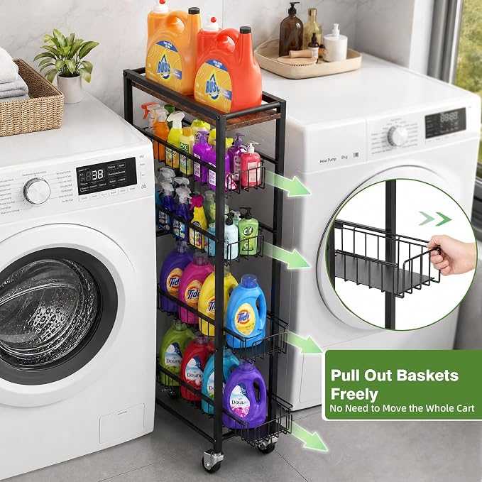 5-Tier Slim Rolling Cart Kitchen Utility Cart, Narrow Kitchen Cabinet with 4 Pull-Out Baskets - Versatile Rolling Storage Cart for Spices, Pantry & Bathroom Organization - Image 3