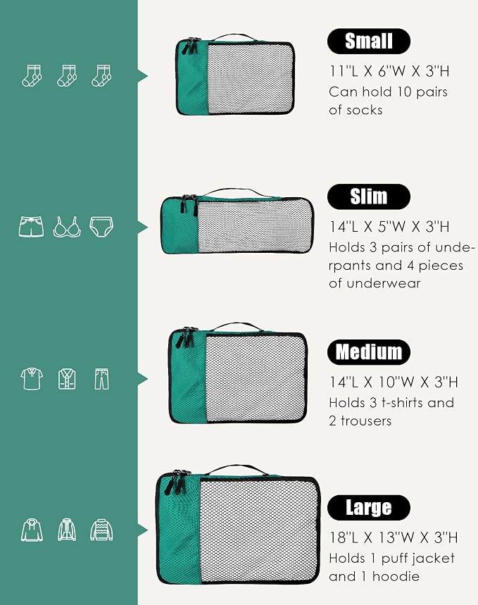 WTREE 4-Piece Packing Cubes Travel Accessories Set for Suitcases - Luggage Organizer Bags with Double Zipper - Mesh Top - Small/Medium/Large/Slim - Green - Image 5