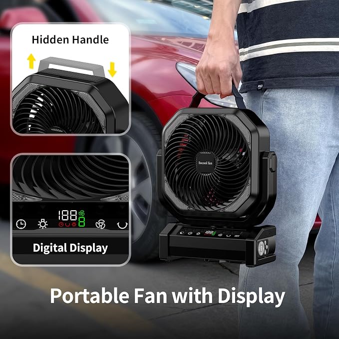 Socool Camping Fan with Light, 20000mAh Rechargeable Battery Fan with Remote, 112Hrs & 8 Speeds, Digital Display, Timer, Auto Oscillation, 270° Pivot & Hook for Outdoor Tent, Hurricane, Power Outage - Image 7