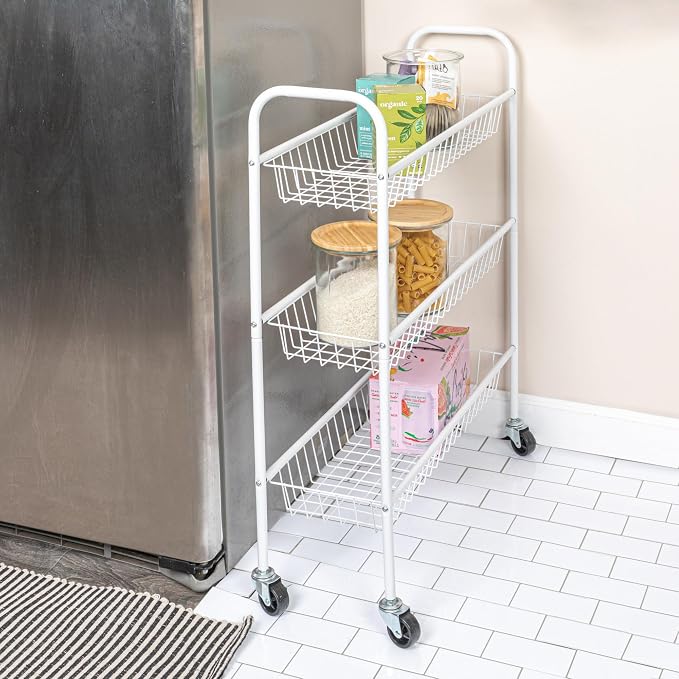 Household Essentials 3-Tier Slim Storage Cart, Heavy-Duty Steel Frame, Smooth Casters with Locks, Powder Coat Finish, Arched Handles, Easy to Assemble, Modern, Compact, White - Image 2