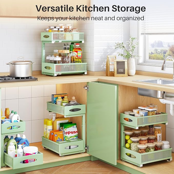 Under Sink Organizer, 2 Tier Pull out Cabinet Organizer Baskets with Mesh Sliding Drawers, Slide out Storage Shelf for Home, Kitchen, Bathroom, Pantry, Office Cabinet(1 Pack, Green) - Image 8