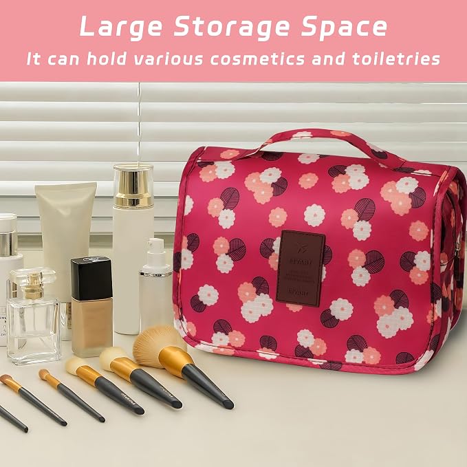 Toiletry Bag Travel Bag with Hanging Hook,Wine Red FLower | Waterproof Small Capacity Hanging Makeup Bag for Toiletries, Portable Cosmetic Bag Travel Organizer for Women Men - Image 6