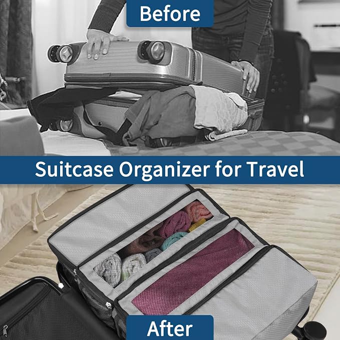esouler Suitcase Organizer, Travel Luggage Organizer hanging packing cubes for travel，portable hanging travel shelves Collapsible closet organizer for Carry-on (Grey, Medium) - Image 3