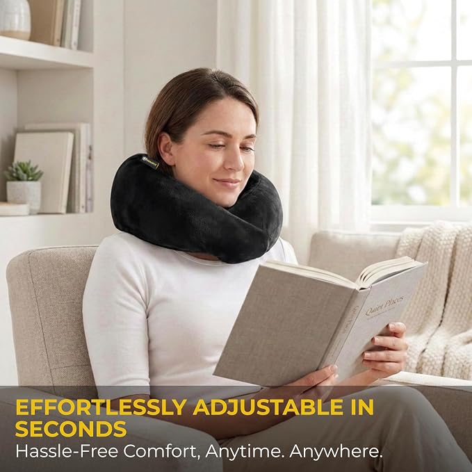 Travel Neck Pillow – Airplane Travel Essentials with Ergonomic Memory Foam Comfort – Premium Travel Pillows for Airplanes and Long Journeys, Compact Carry Pouch (Black) - Image 6