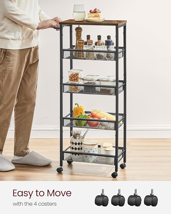 VASAGLE Slim Rolling Cart, 5-Tier, 8.7 Inches Deep, Steel Frame | Storage Cart with Handle, Narrow for Kitchen, Living Room, Rustic Brown and Matte Black, DACEY Collection ULRC035B01 - Image 5