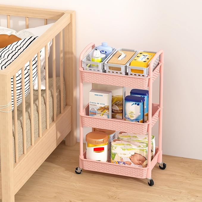 MOYIPIN 3-Tier Plastic Rolling Utility Cart with Handle,Utility,Pink | Utility Storage Cart for Office, Living Room, Kitchen,Movable Storage Organizer，Easy installation，Rattan-like art design - Image 7