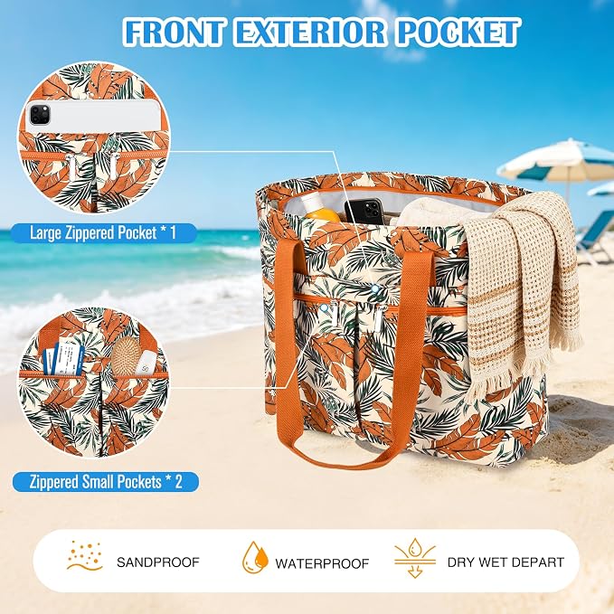 HUANLANG Large Beach Bags for Women Pool Bag with Zipper, Waterproof Sandproof Beach Tote Travel Bag with Wet Pocket - Image 3