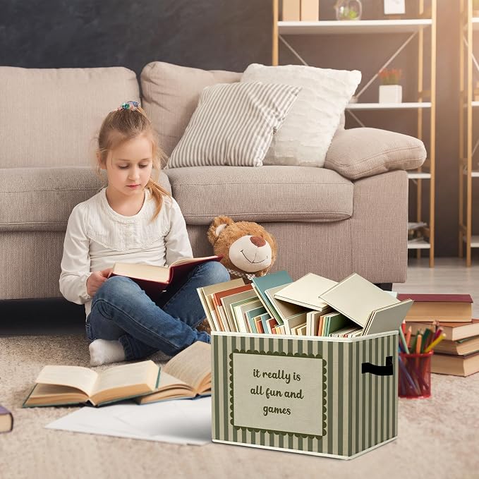 Rustic It Really Is All Fun And Games Storage Bins Boxes with Handles | toys books clothes , green striped nursery foldable basket for organizing bedroom toddler room playroom - Image 5