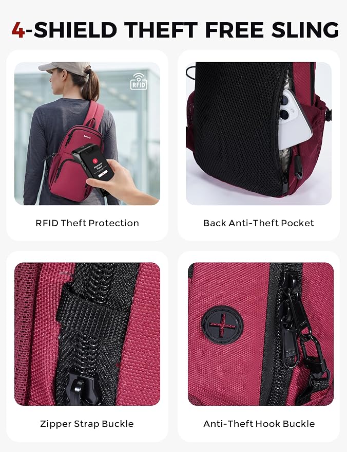 ECOHUB Crossbody Bags for Women Men, Anti-Theft RFID Blocking Sling Backpack Water Resistant Chest Shoulder Daypack, Red - Image 4