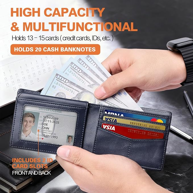 Wallet for Men Slim RFID Blocking Bifold Carbon Fiber,Minimalist Small Compact Front Pocket Credit Card Holder,Thin Mens Leather Wallets Smart Security With 2 ID windows 1 Cash (Oil Wax Blue) - Image 3