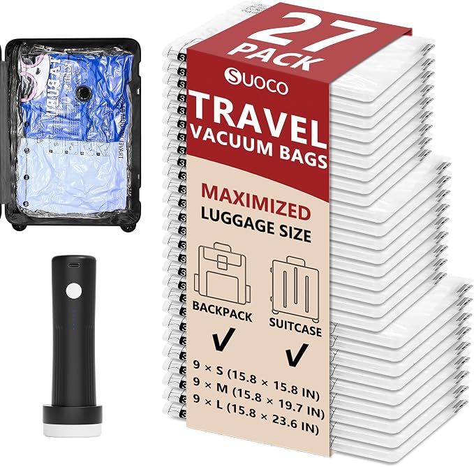 Travel Vacuum Bags for Clothing with Rechargeable Pump 27 Combo, Clear | Compression Packing Cubes Organizer Storage for Luggage Suitcase, Space Saver Seal Bags for Vacation Cruise by SUOCO