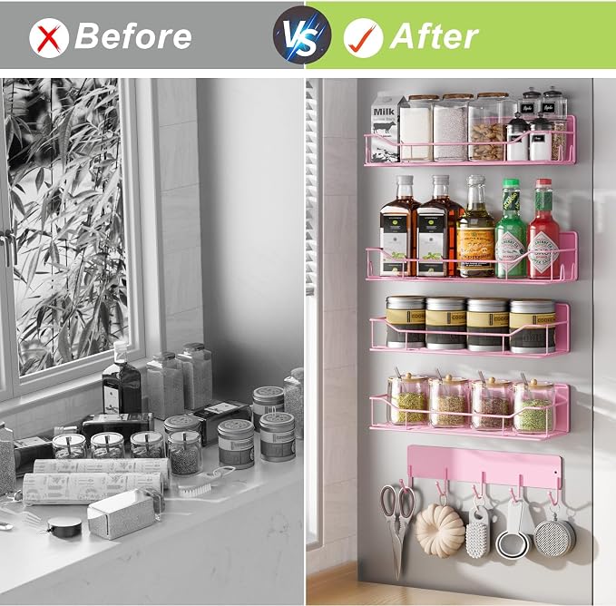 Magnetic Spice Rack for Refrigerator, 5 Pack Metal Strong Magnet Spice Organizer Shelves with Hook Rack, Space Saving Magnetic Fridge Shelf for Home Kitchen Organization and Storage (Pink) - Image 7