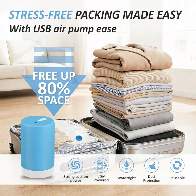 Cozy Essential Travel Vacuum Storage Bags with Rechargeable Cordless USB Pump, Space Saver Bags for Luggage, Suitcase, Carry-On, for Clothes, Blankets, Bedding & Seasonal Storage,12 Combo - Image 2