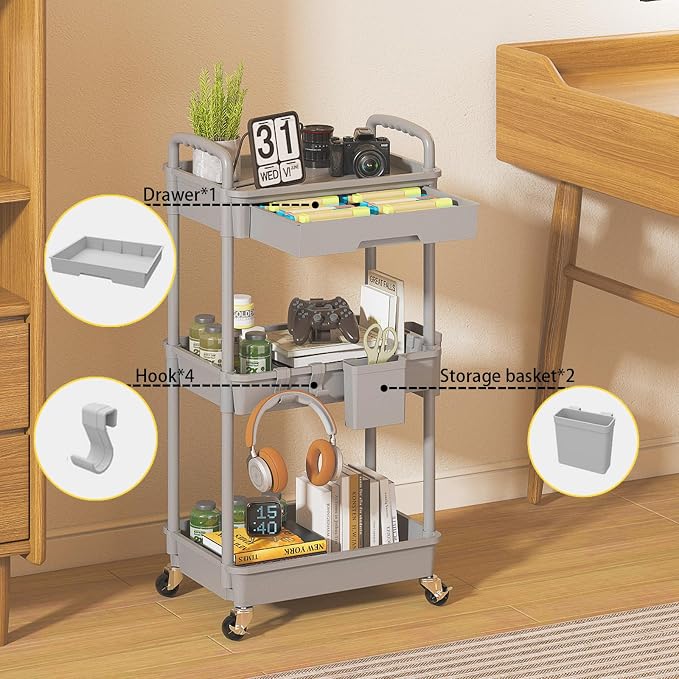3 Tier Rolling Utility Cart with Drawer, Plastic Storage Organizer Rolling Carts with Wheels Handles Hanging Cups Hooks for Office, Bathroom, Kitchen,Craft Art Room (Grey) - Image 3