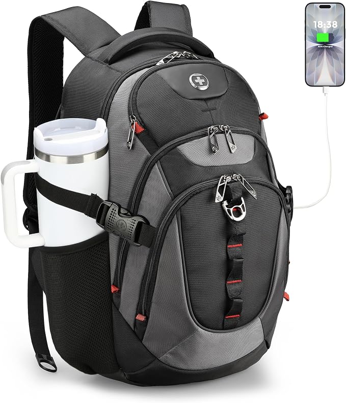 Swissdigital Design Laptop Backpack with USB Charging Port, Travel Backpack Fits 15.6 inches Computer, 31l College School Backpack for Men, Black/Grey | SD803-02 by SwissdigitalDesign