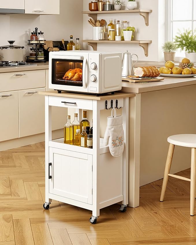 VEVOR Kitchen Island Cart with Single Door Cabinet, Mobile Carts with Drawer, Towel Rack, Hooks, Portable Table on Swivel Wheels, Small Coffee Islands Microwave Stand for Dining Room, 18x23 in, White - Image 2