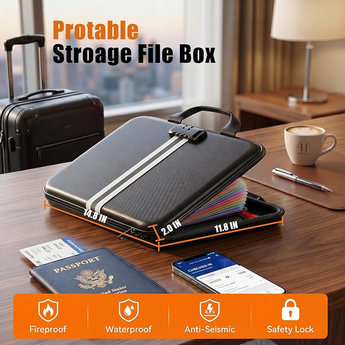 Fireproof Document Organizer with Lock, Rigid EVA File Box with 13-Pocket Accordion Folder for Important Documents & Tablets under 11", Lightweight Safe Storage for Home, Office & Travel (Small Size) - Image 6