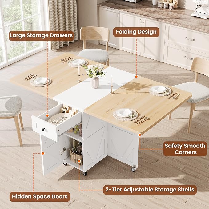 Jocoevol Folding Dining Table for Small Spaces, Foldable Kitchen Table with Drawer, 2-Tier Storage Shelf & Wheels, Space Saving Dining Table for 2 4, Farmhouse, (Natural 47.2" x 23.6" x 29.5") - Image 3