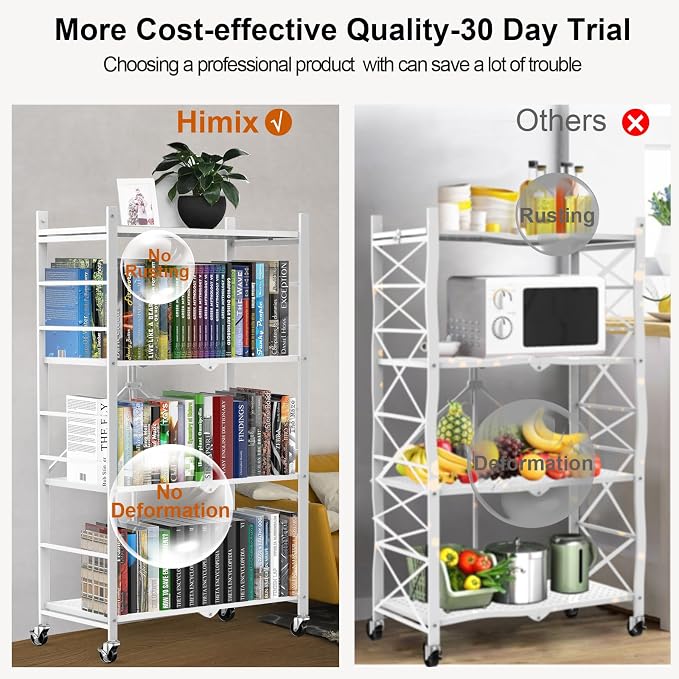 Himix 4-Tier Foldable Metal Storage Shelf with Wheels Kitchen White | Metal collapsible organization, Folding shelves rack, Wire shelving, Garage, Unit rolling cart, No assembly, Holds 352 Ibs - Image 7