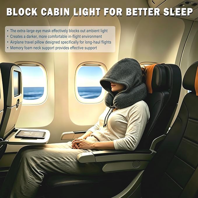 Airplane Travel Neck Pillow with Hood – Memory Foam Neck Support Pillow with Light Blocking Cover for Sleeping on Flights, Ergonomic Travel Pillow for Plane, Car & Office (dark gray, Hood neck pillow) - Image 3