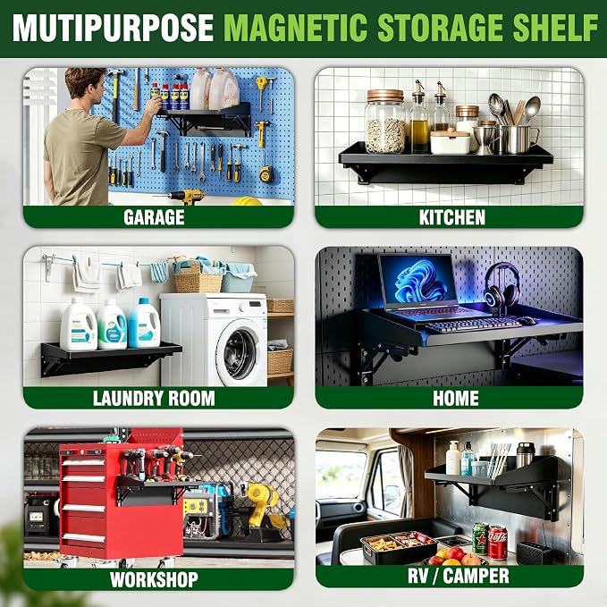 ULIBERMAGNET Magnetic Folding Shelf, 40LBS Heavy Duty Magnetic Mounted Rack for Garage, Workshop, RV,Power Tools,Toolbox,1Set Storage Shelves with Lip for Workshop Kitchen Office - Image 6