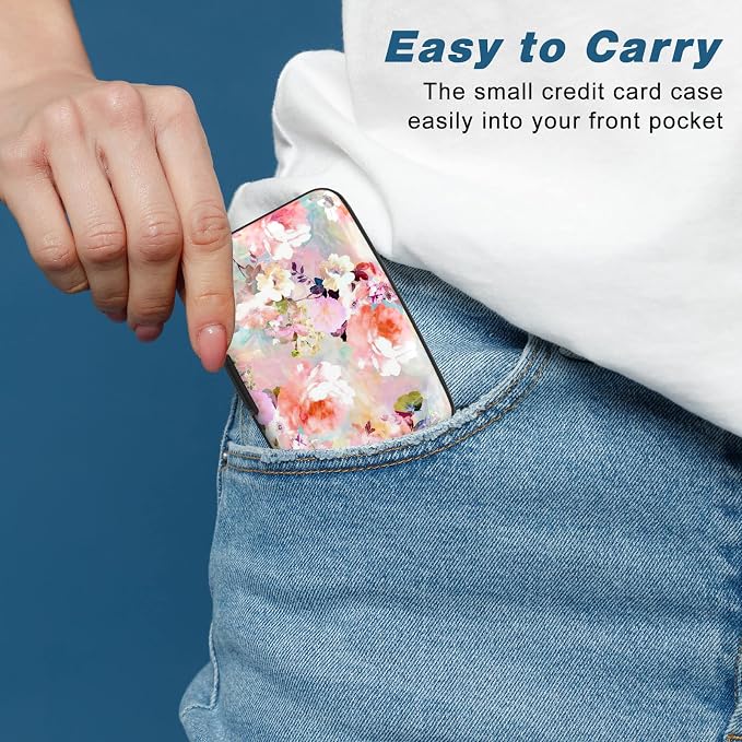 Credit Card Holder, Mini Aluminum Card Wallet RFID Blocking Slim Metal Hard Card Case for Women Men, Pink Flowers - Image 6