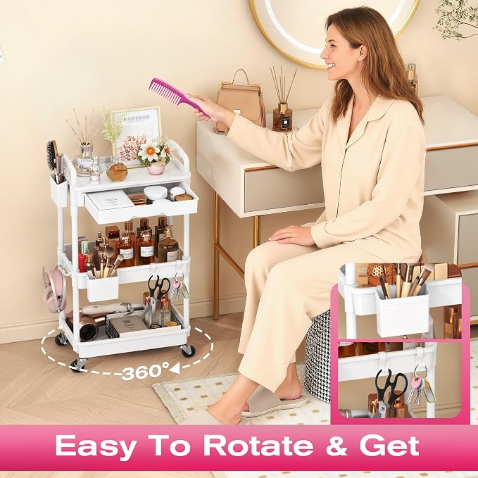 Goovilla Rolling Makeup Organizer Cart with Removable Drawer, 3 Tier White | Stable Floor Skincare Storage Cart for Vanity, Cosmetic Display, Nail Polish, Perfume, Hair Stuff, Beauty, Bathroom(Plastic) - Image 5