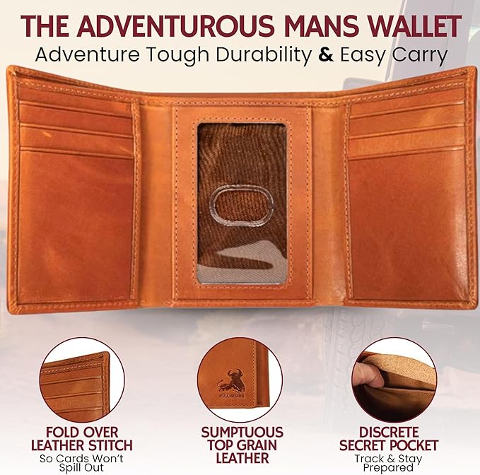 BULL GUARD Trifold Wallet with RFID For Men, Genuine Real Leather - Top Grain Cowhide Tan, Durable & Compact Tri-Fold Design with Strong Stitching for Comfortable Pocket Fit, Secure Everyday Carry - Image 4