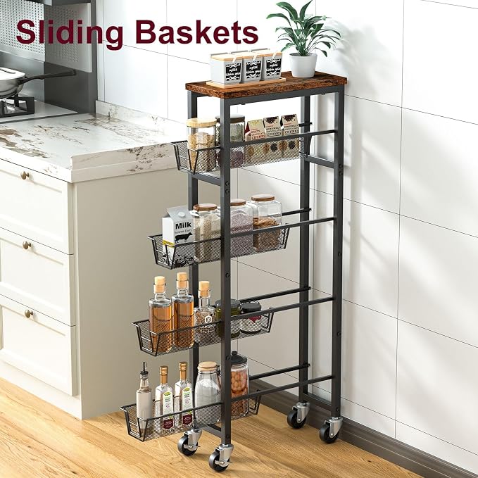 Honest Slim Storage Cart 4-Tier Slim Rolling Cart with Metal Frame and Wooden Top, 6.3 Inches, Storage Cart for Kitchen, Dining Room, Living Room, Bathroom, Home Office, Rustic Brown and Black - Image 4