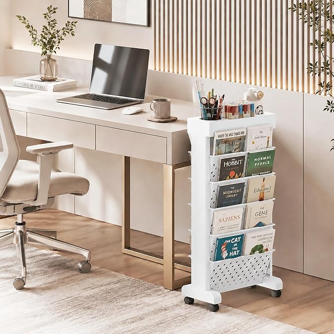 6-Tier Rolling Bookshelf Magazine Rack with Wheels White | Mobile Bookcase, Book Storage File Folder Organizer Cart for Home Study Office Living Room Classroom - Image 2