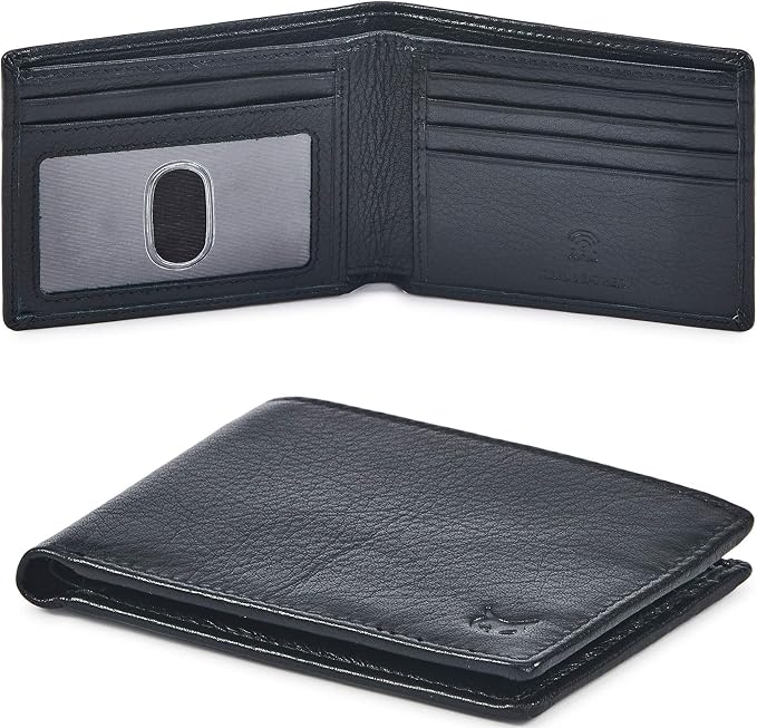 Real Leather Mens Bifold Wallet RFID Blocking Slim Minimalist Front Pocket - Thin & Stylish with ID Window in Gift Box (Nappa, Black) by WiseOwlAccessories