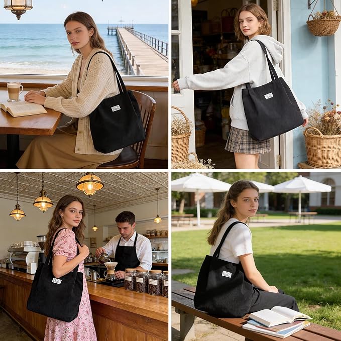 UERRUAM Corduroy Tote Bag for Women with Inner Pockets, Cute Go-to Bag | Slouchy Shoulder Bag for Everyday, Work, Books, Beach & Grocery Shopping, Lightweight Washable Foldable, Cloth Purse - Image 2