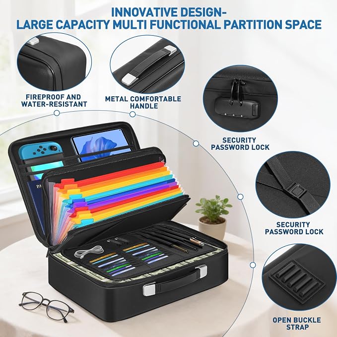 Fireproof Document Box with Combination Lock, Waterproof, Used for Storing Important Files, Certificates, Passport, Portable Travel Safe Hard Case Document Organizer (Black) - Image 4