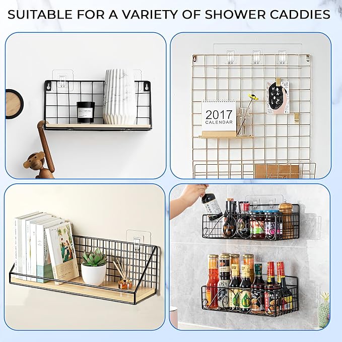 14 Pack Shower Caddy Adhesive Replacement Flat Strips, Heavy Duty Transparent Waterproof Hooks for Bathroom Storage Shelves, No-Drilling Sticky Wall Mount Hooks for Kitchen Organizers - Image 8