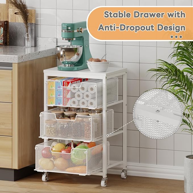 Kitchen Cart with Storage, 3-Tier Pantry Organizer and Storage Cart with Drawer, Fruit Vegetable Storage Cart with Wheels, Wooden Top Metal Wire Kitchen Organizer Rack Stand for Snack Onion Potato - Image 3