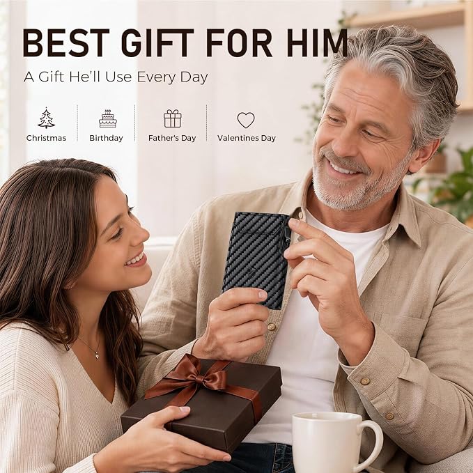 RUNBOX Wallet for Men, RFID Blocking Pop-Up Card Holder, Carbon Black | Minimalist Aluminum Smart Wallet with ID Window, Compact Credit Card Holder, Stretchable Cash Slot, Birthday Gift for Men - Image 9