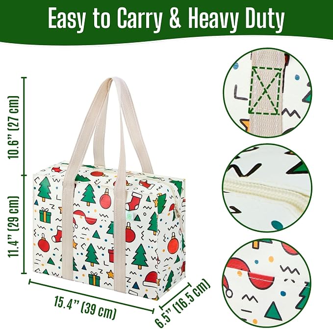 VENO 2 Pack Utility Tote Reusable Grocery Bags with Zipper & Hard Bottom | Heavy Duty Foldable Water-Resistant Shopping Bags for Summer Beach, Pool, Picnic & Travel Carry-on (Jingle Mix, 2 Pack) - Image 3