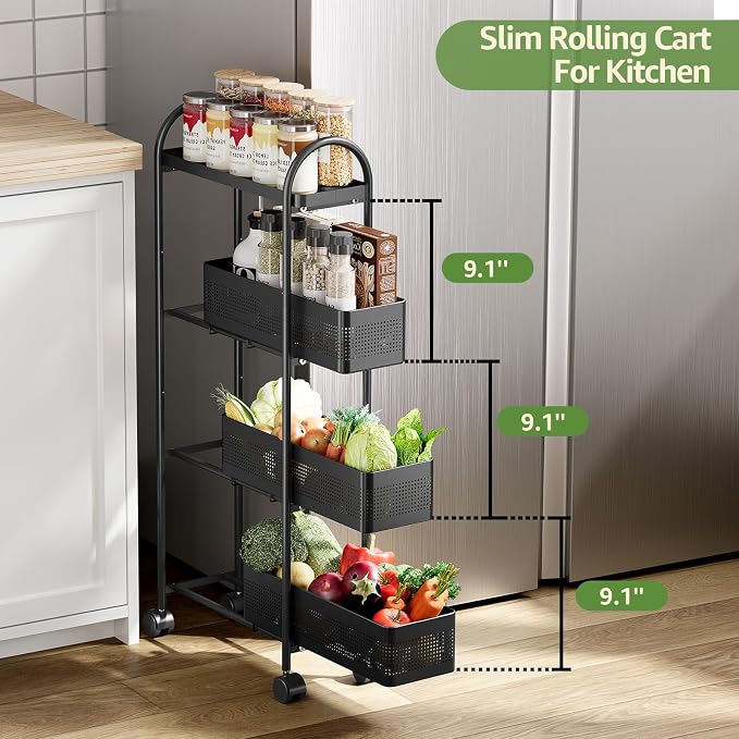 KINGRACK 4 Tier Slim Rolling Cart with Drawer, Metal Utility Storage Cart | 3 Pull-out Baskets, Lockable Wheels, Narrow Space Trolley Organizer for Bathroom, Kitchen, Office, Dorm, Laundry Room, Black - Image 3