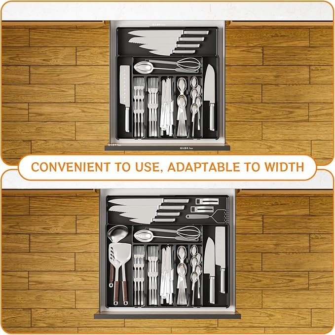 Black Expandable Silverware Drawer Organizer - Adjust From 11'' to 22'' - Knife,Cutlery,Spoons and Forks Organizer,Large 8 Grid Flatware,Silverware Tray,Utensil Organizer for Kitchen Drawers - Image 8
