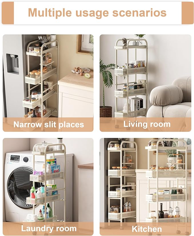 UMDONX 4-Tier Narrow Mobile Storage Cart with Pull-Out Baskets | The Multifunctional Pull-out Storage Rack Is Suitable for Bathrooms, Kitchens, and Laundry Rooms - Image 8