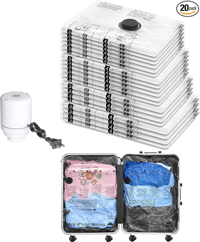 Vacuum Seal Bags for Clothing Travel and Home Storage, Travel Vacuum Bags with Electric Pump, Space Saver Compression Packing Cubes for Luggage Suitcase Bedding Blankets Clothes, 20 Combo by SUOCO