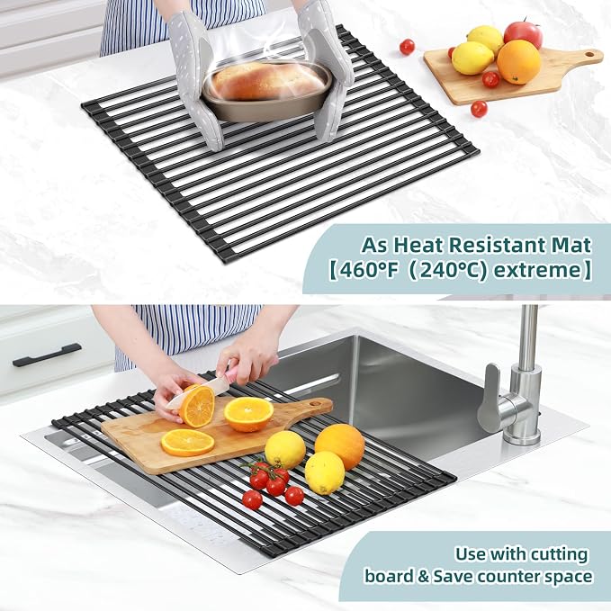 Ohuhu Over The Sink Dish Drying Rack, 20.5" W x 13.1" L Rolling Dish Drainer Foldable Sink Accessories Heat-Resistant Mat Anti-Slip Silicone Coated Dish Racks for Kitchen Counter - Image 4