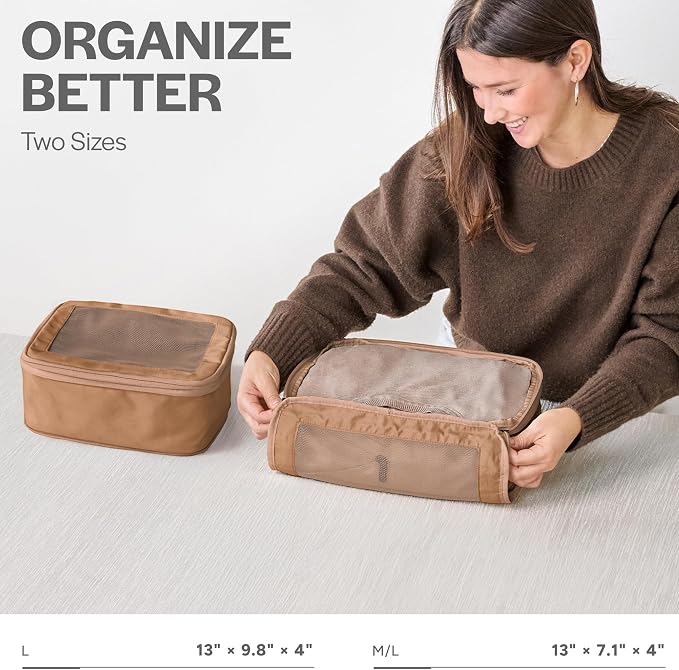 Compression Packing Cubes for Travel, 2-Pack, Mocha | Solves overpacking, 2-Piece set fits most carry-ons, 50% Space savings, Compression luggage organizer bags - Image 3