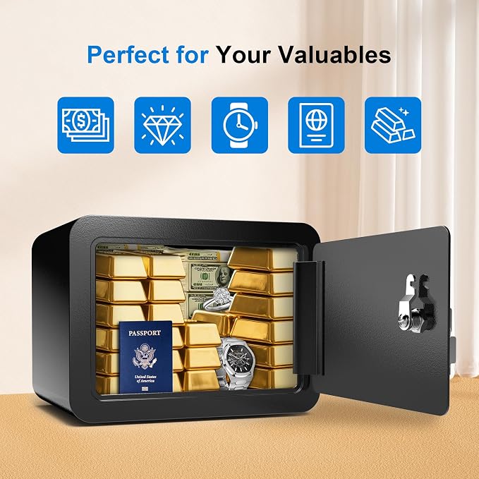 Mini Safe Small Safe Box Money Safe Small Safes for Home Dorm Mini Safes for Kids Safety Box for Cash Documents Kids Lock Box with Key Black (0.23 Cubic Feet) - Image 3