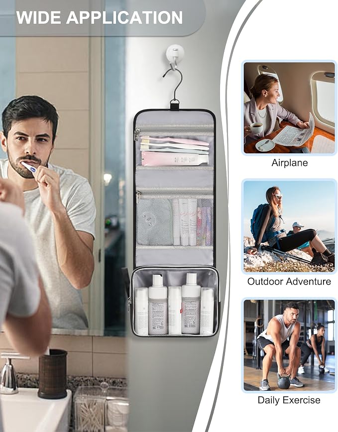 Small Hanging Toiletry Bag for Men and Women, Portable Hanging Organizer | for Travel-Sized Shower Dopp Kit, Makeup Accessories, Waterproof Toiletries Organizer with 3 Compartments for Outdoor - Black - Image 6