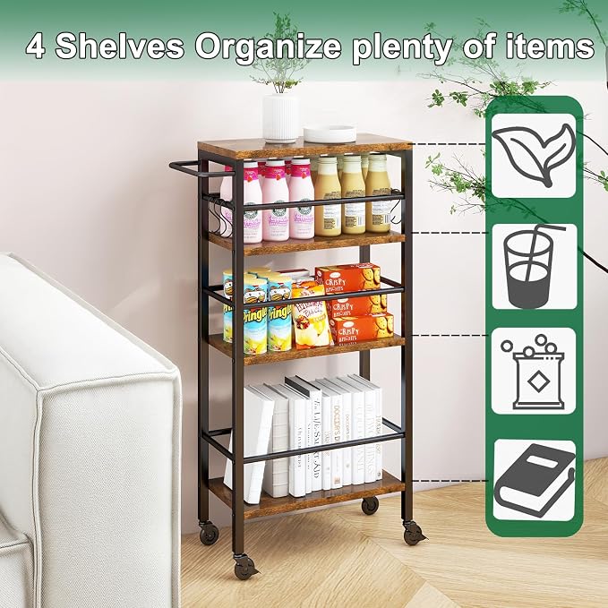 IBUYKE Slim Rolling Storage Cart, Kitchen Cart Utility Shelving UTMJ065H | 4-Tier, with Lockable Wheels,Handle&6 Hooks, 7.9" wide,for Kitchen, Laundry, Bathroom, Rustic Brown - Image 3