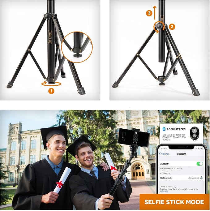 68" Phone Tripod Stand & Selfie Stick for iPhone/Samsung Extendable Travel Cell Phone Tripod with Wireless Remote & 360° Tripod for iPhone for Video Recording, Vlogging & Camera & Bag | TRIFLIX - Image 6