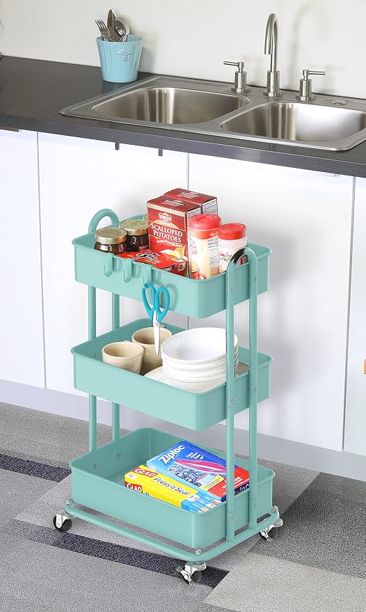 Simple Houseware 3-Tier Heavy Duty Metal Utility Rolling Cart, Turquoise - Image 5